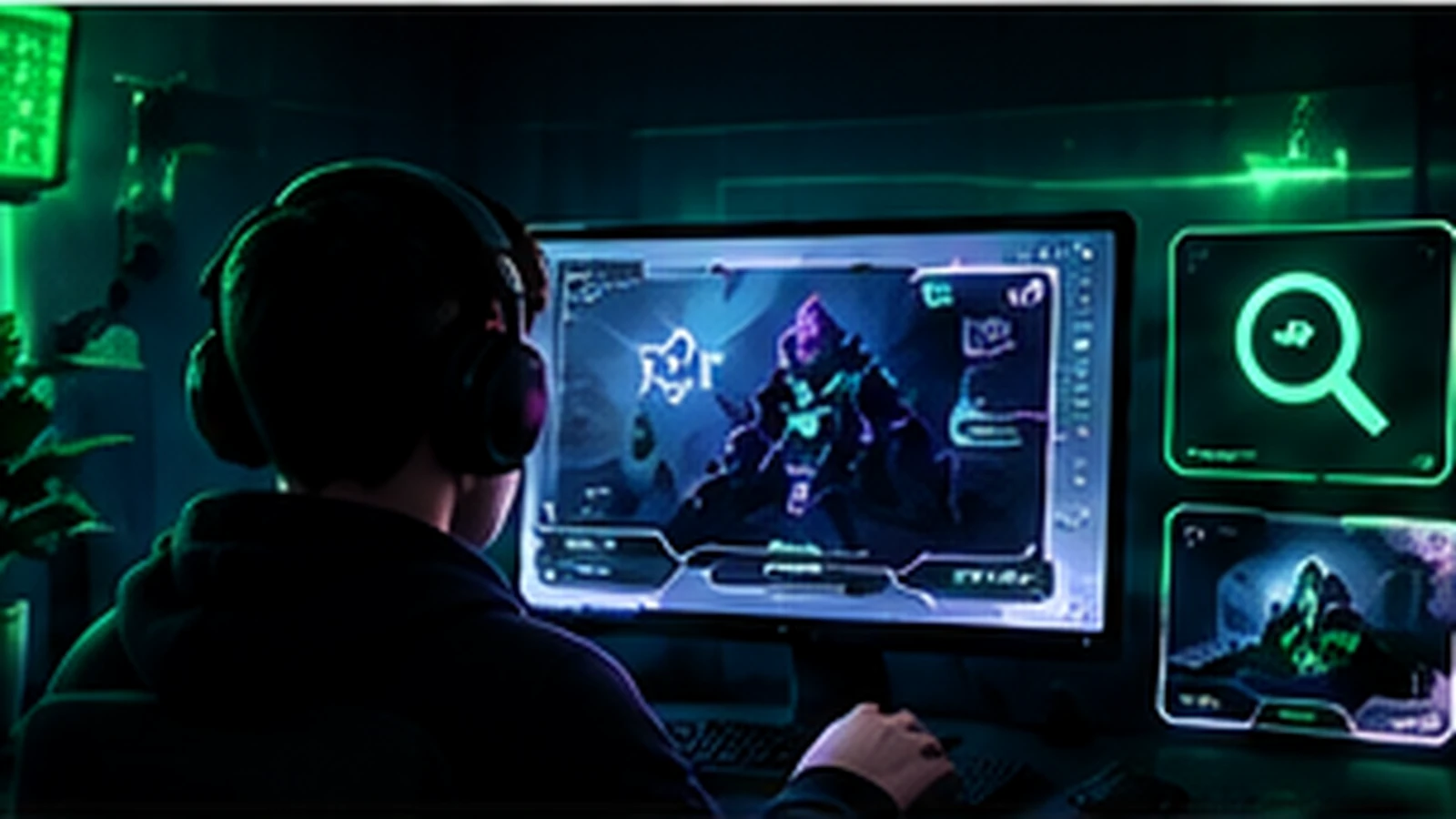 Streamer reviewing a custom Twitch overlay setup at a gaming workstation
