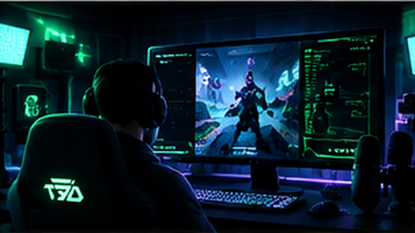 Custom Twitch overlay design displayed on a neon gaming workstation