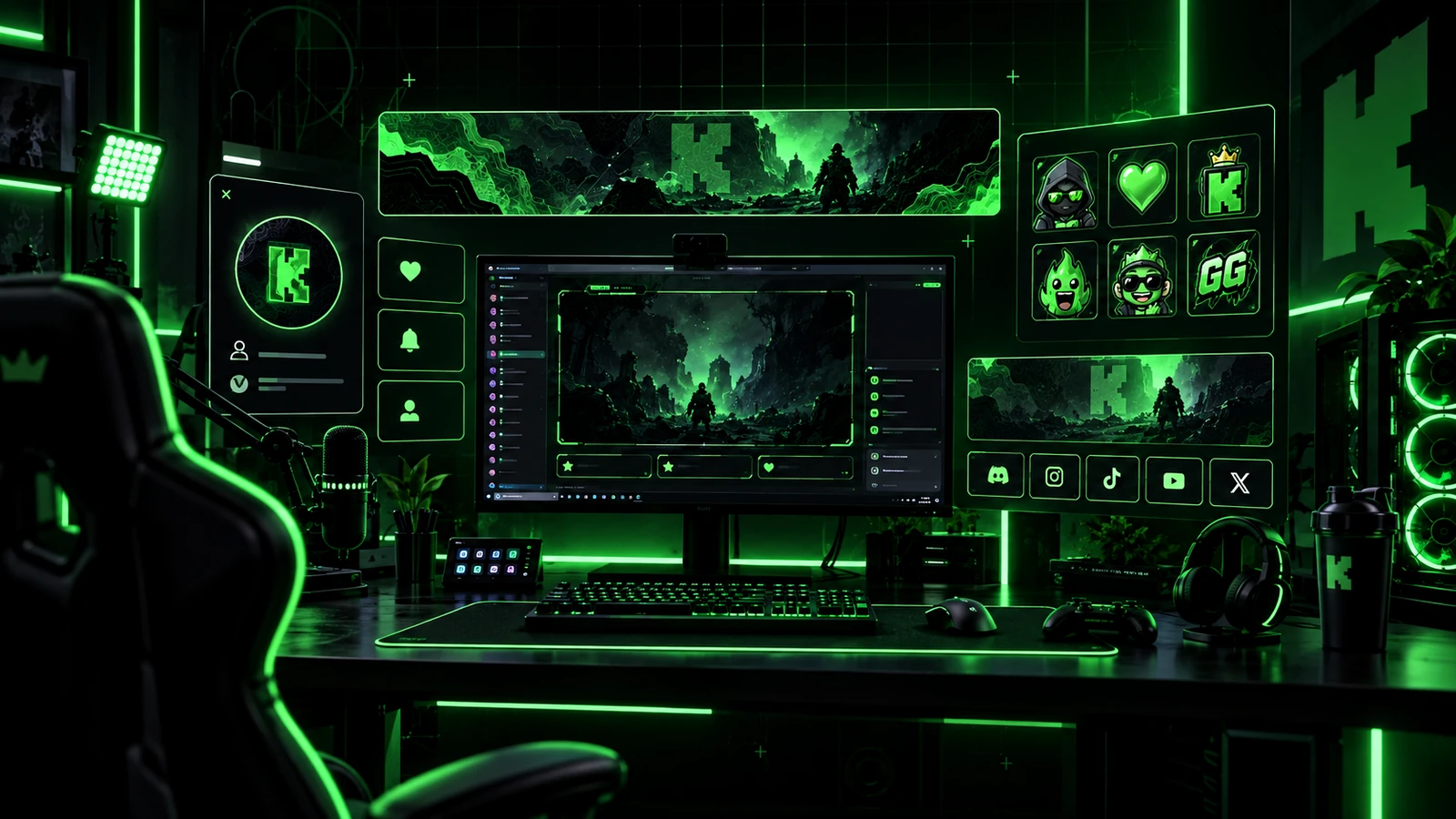 Kick channel branding workspace with overlays, banner, emotes, and profile assets