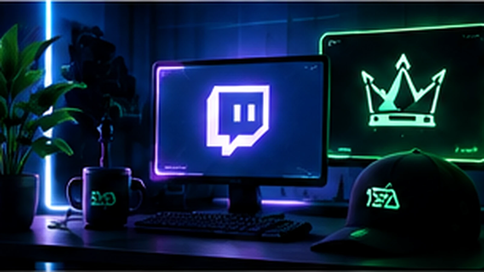 Neon Twitch channel branding workspace with consistent creator graphics
