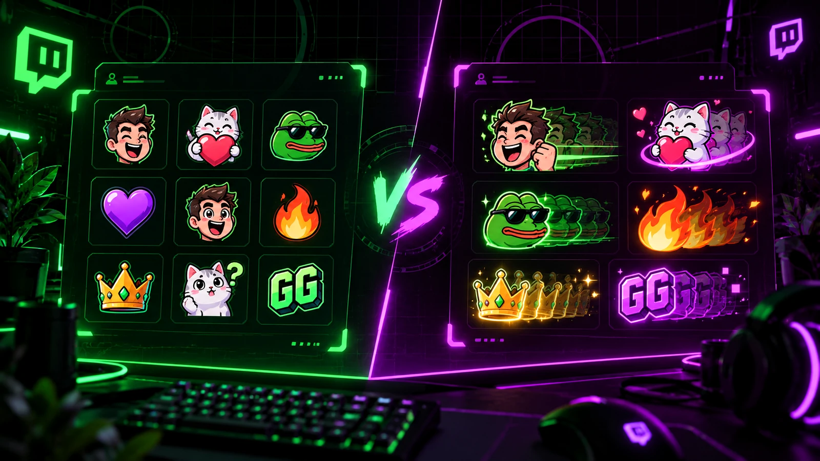 Static and animated Twitch emotes compared in a neon creator interface