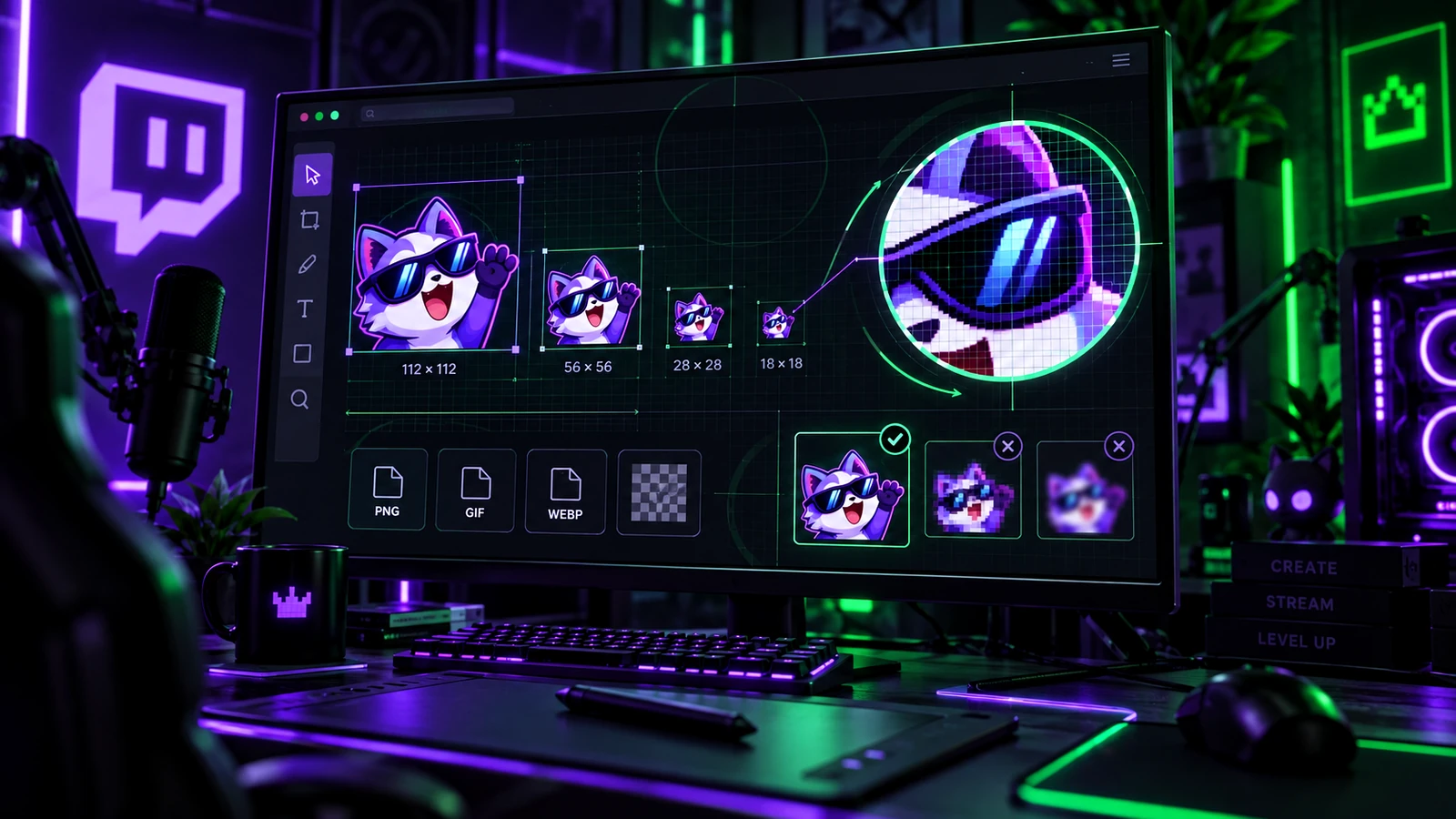 Twitch emote artwork shown at multiple small display sizes