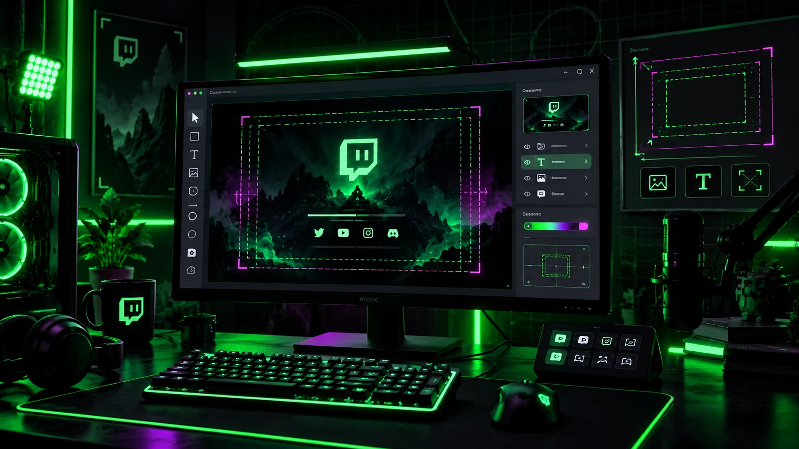 Twitch offline banner being designed in a neon streaming studio
