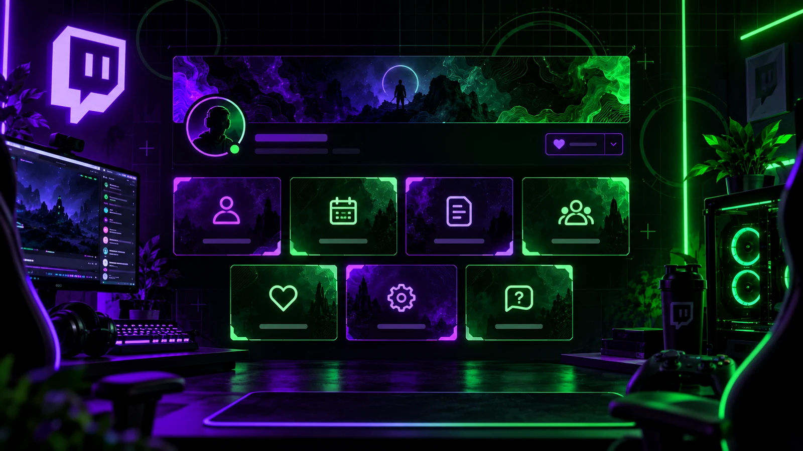 Twitch profile panel system with About, Schedule, Socials, and support sections