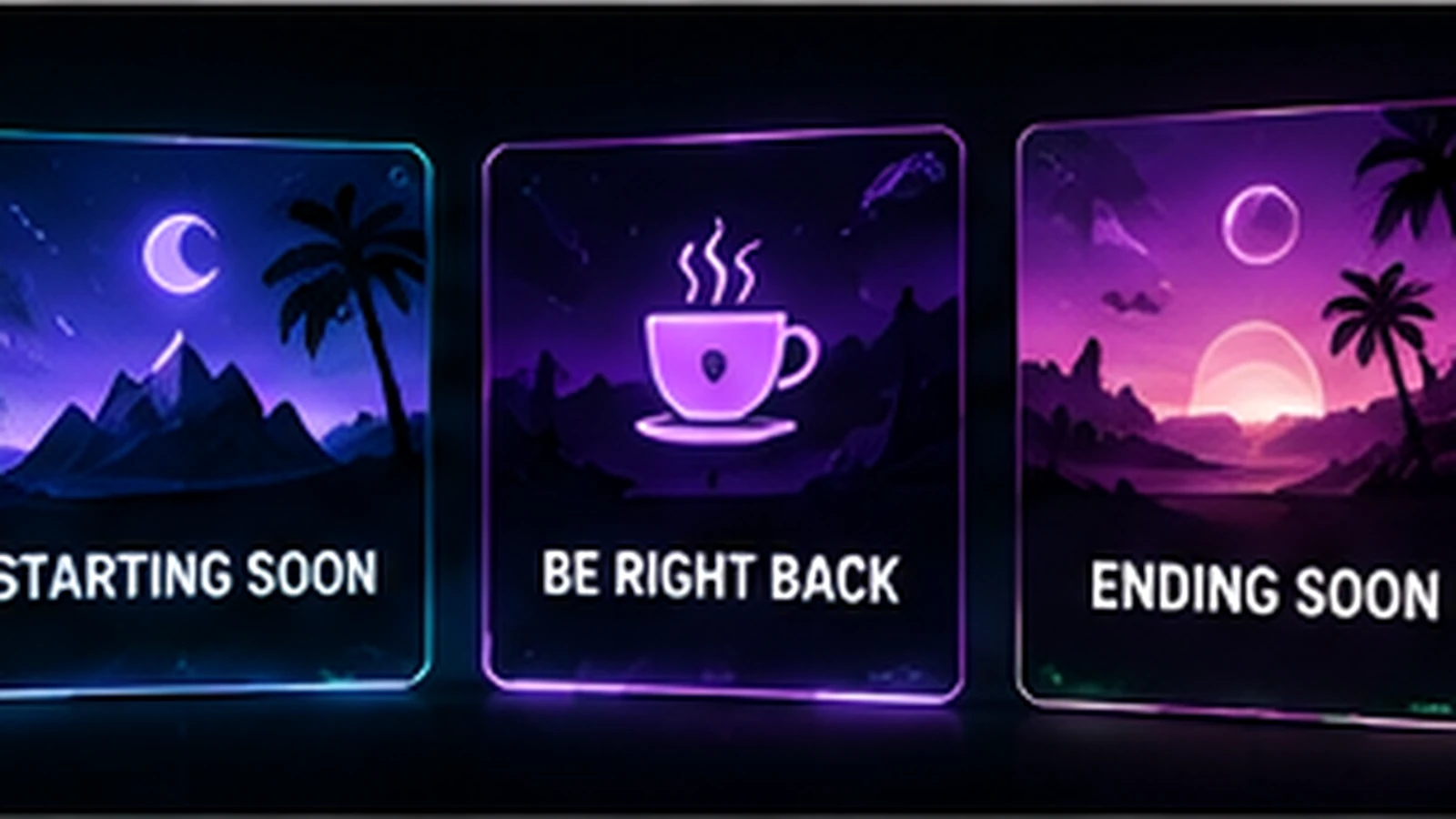Starting Soon, BRB, and Ending stream screens shown together