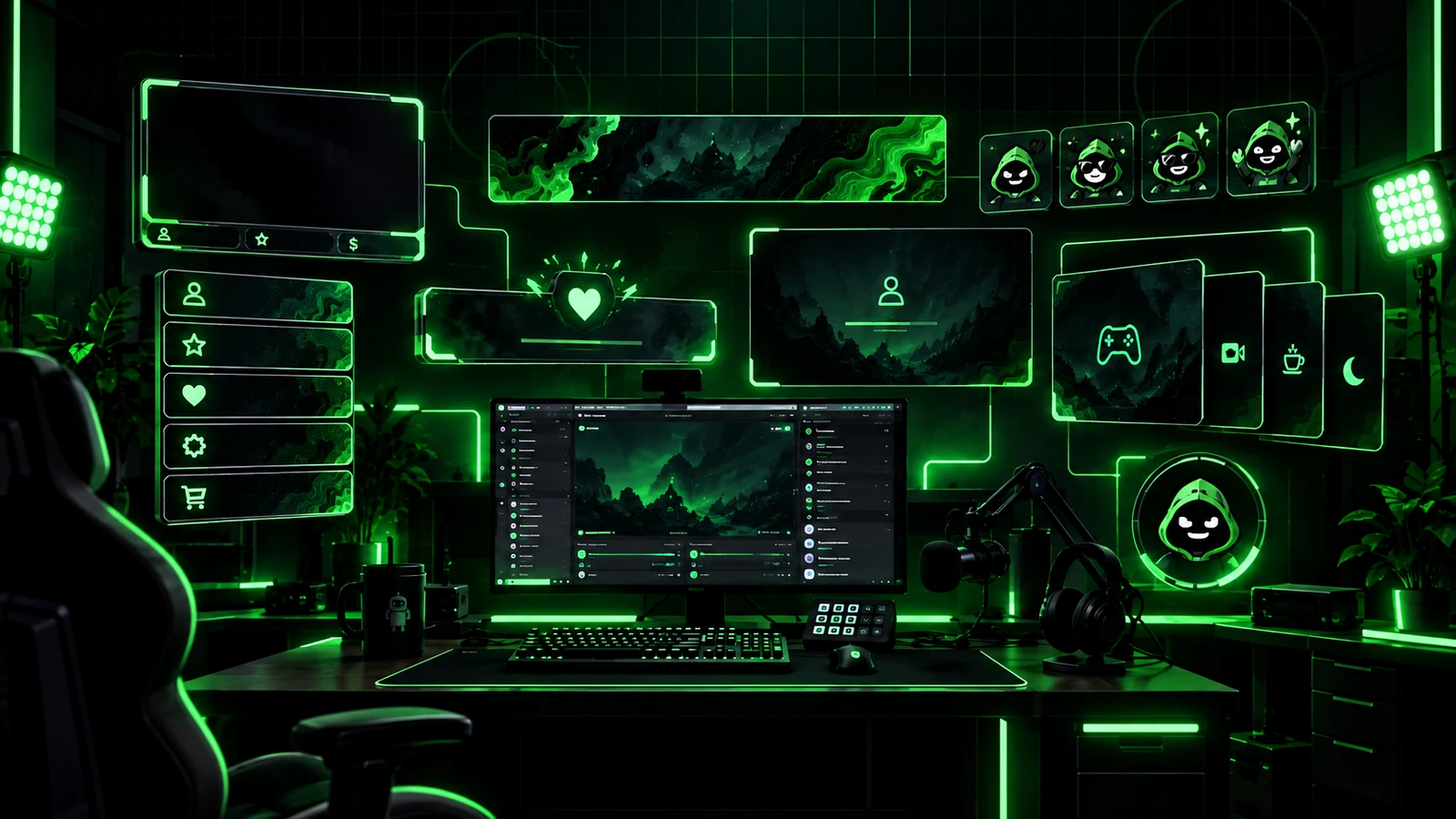 Streaming graphics workspace showing a complete creator asset system